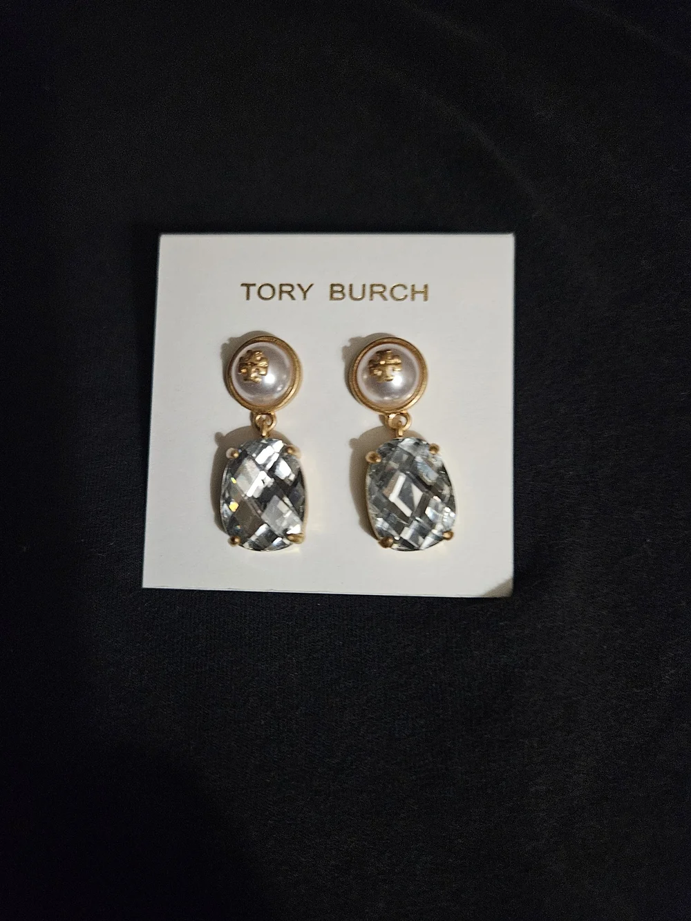 Tory Burch Gold Pearl and Clear Crystal Drop Earrings